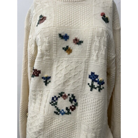 Yessiva Cream Floral Crochet Knit Embroidered Rustic Crew Neck Wool Sweater Med - Picture 8 of 10